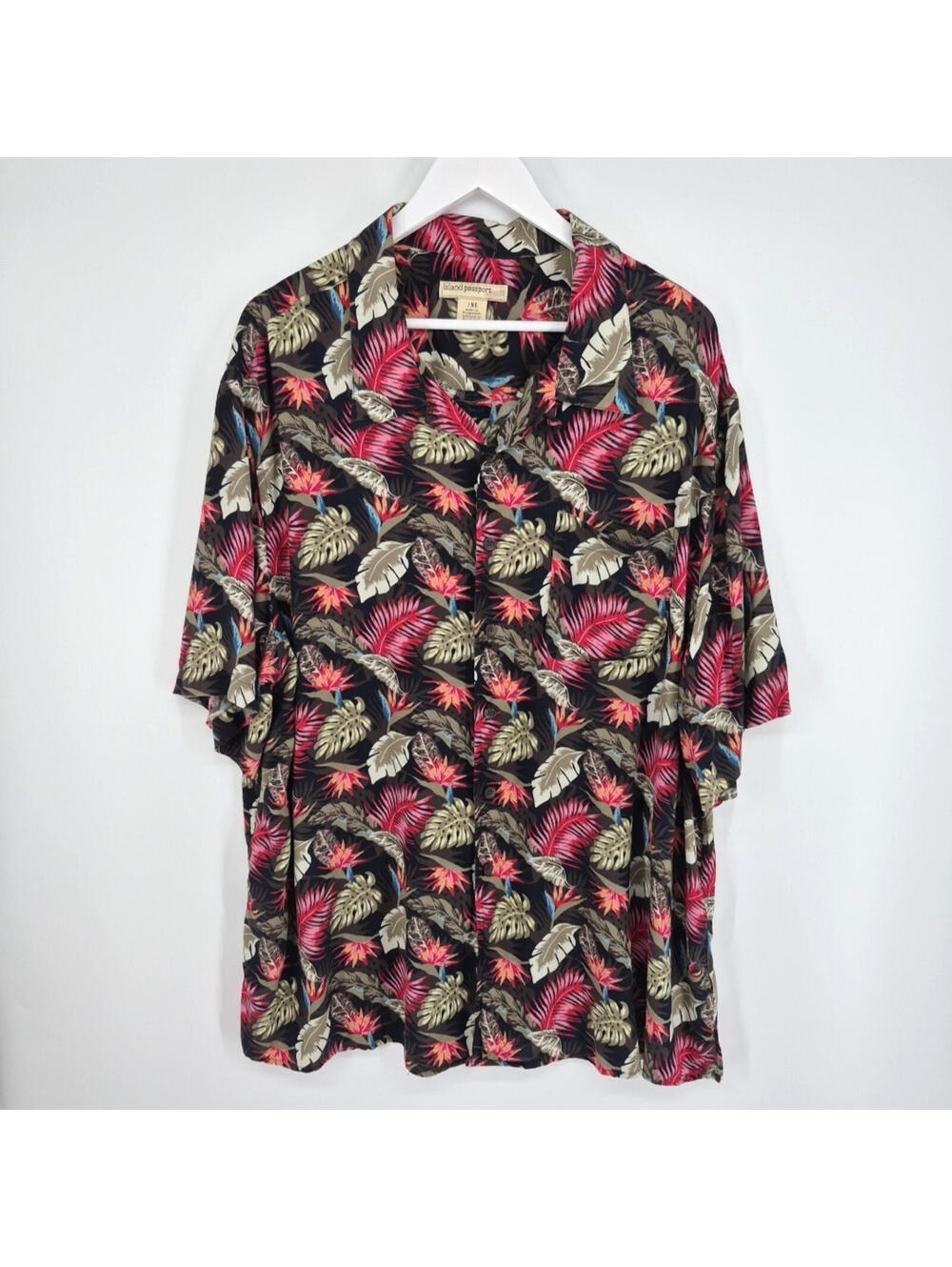 Island Passport Mens 2XL Floral Fern Print Hawaiian Shirt Black Green Red Hawaii